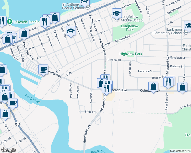 map of restaurants, bars, coffee shops, grocery stores, and more near 1600 Kansas Avenue in Lorain
