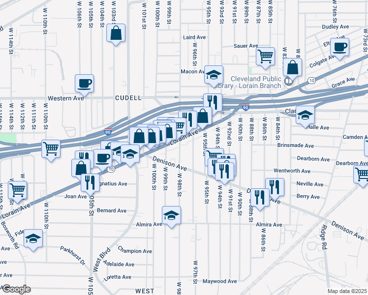 map of restaurants, bars, coffee shops, grocery stores, and more near 3168 West 97th Street in Cleveland