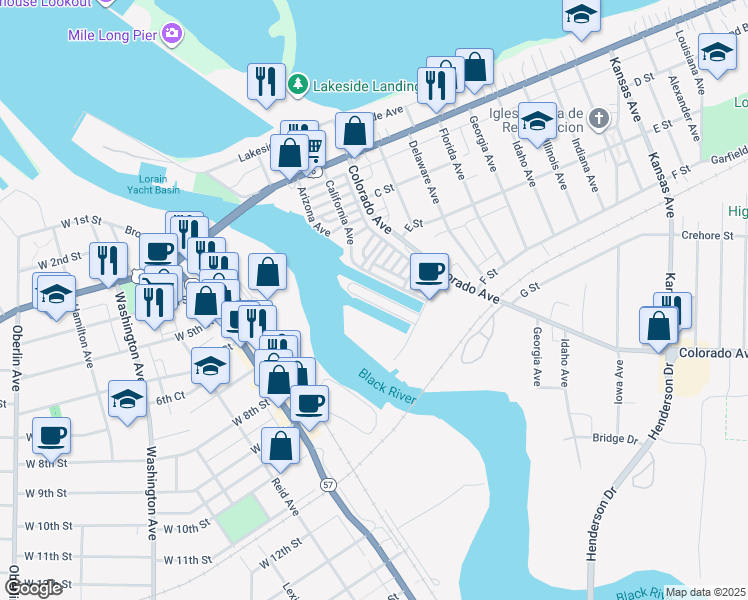 map of restaurants, bars, coffee shops, grocery stores, and more near 224 East Marina Parkway in Lorain