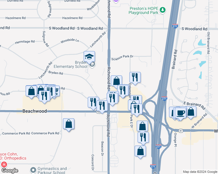 map of restaurants, bars, coffee shops, grocery stores, and more near 3333 Richmond Road in Beachwood