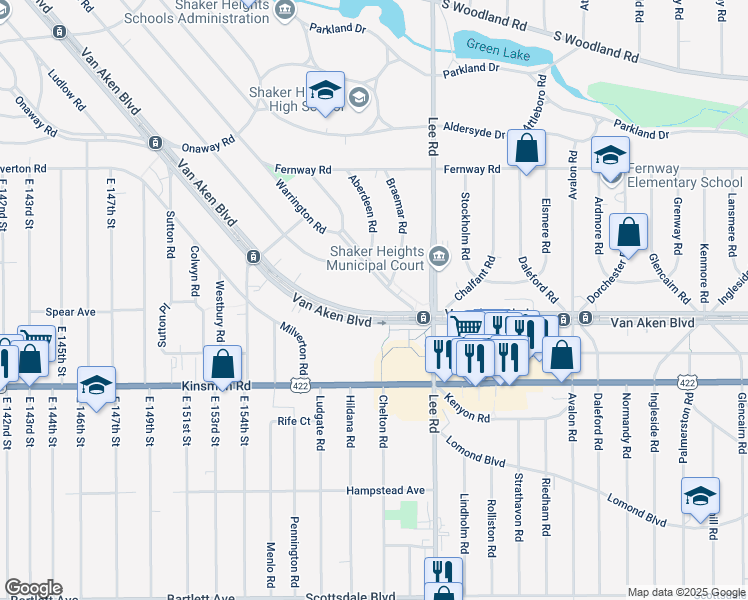 map of restaurants, bars, coffee shops, grocery stores, and more near 16211 Van Aken Boulevard in Shaker Heights