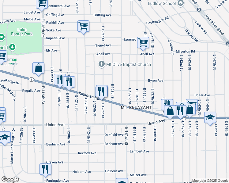 map of restaurants, bars, coffee shops, grocery stores, and more near 130 Tahoe Circle in Cleveland