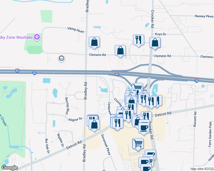 map of restaurants, bars, coffee shops, grocery stores, and more near 1568 Cedarwood Drive in Westlake