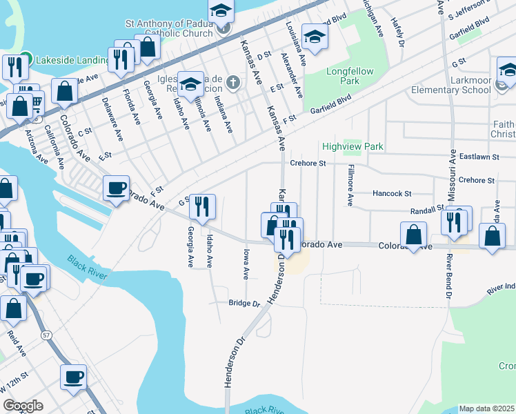 map of restaurants, bars, coffee shops, grocery stores, and more near 1600 Kansas Avenue in Lorain