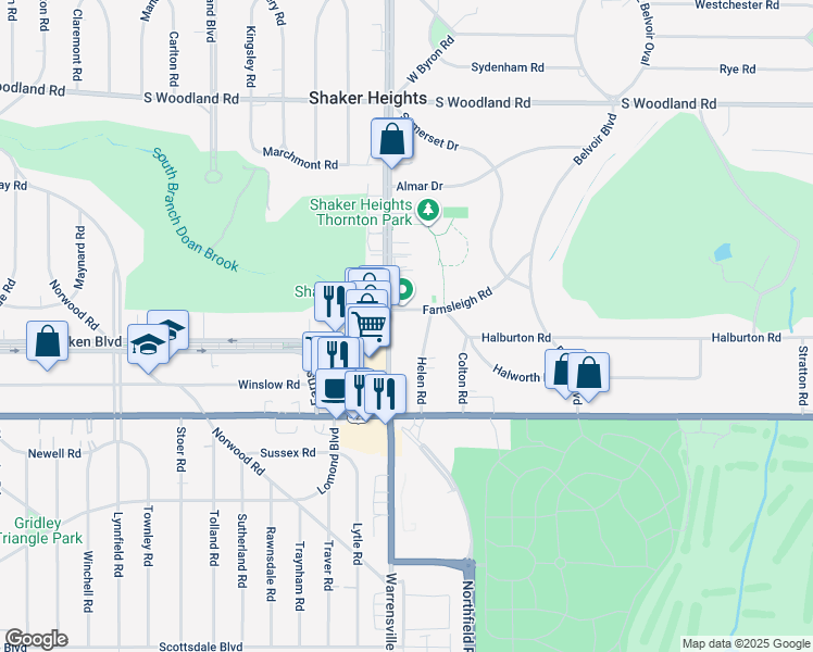 map of restaurants, bars, coffee shops, grocery stores, and more near 20475 Farnsleigh Road in Shaker Heights