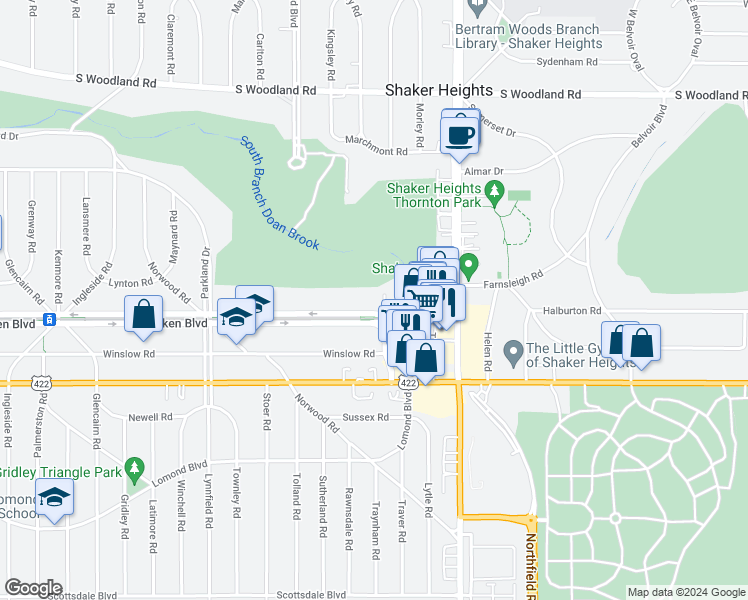map of restaurants, bars, coffee shops, grocery stores, and more near 19901 Van Aken Boulevard in Shaker Heights