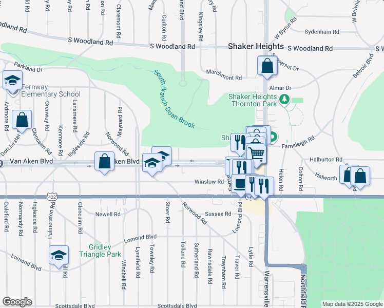 map of restaurants, bars, coffee shops, grocery stores, and more near 19333 Van Aken Boulevard in Shaker Heights