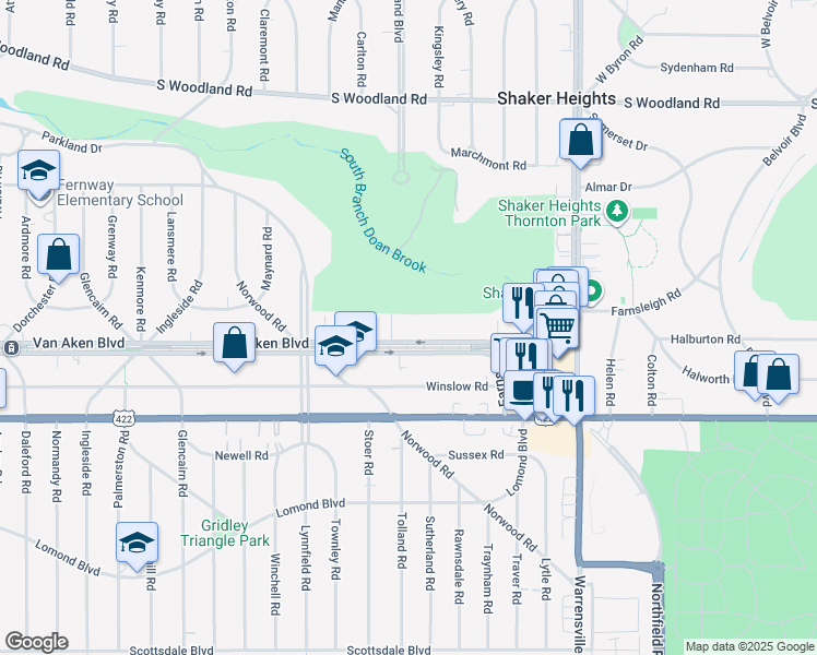 map of restaurants, bars, coffee shops, grocery stores, and more near 19333 Van Aken Boulevard in Shaker Heights