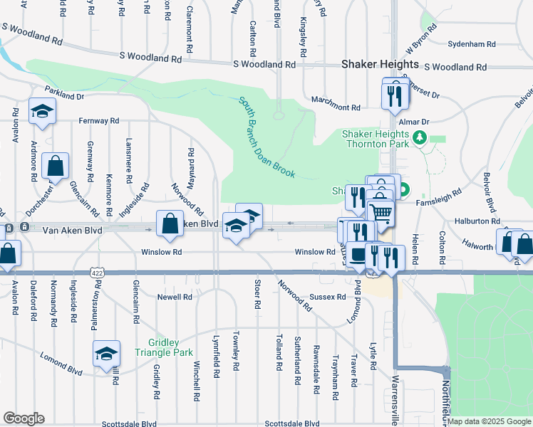 map of restaurants, bars, coffee shops, grocery stores, and more near 19201 Van Aken Boulevard in Shaker Heights