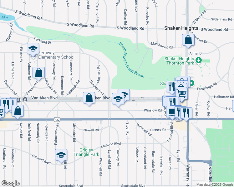 map of restaurants, bars, coffee shops, grocery stores, and more near 18975 Van Aken Boulevard in Shaker Heights