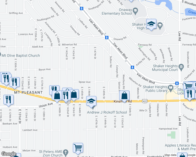 map of restaurants, bars, coffee shops, grocery stores, and more near 3384 East 147th Street in Cleveland