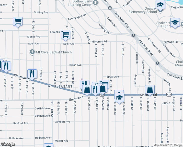 map of restaurants, bars, coffee shops, grocery stores, and more near 3390 East 140th Street in Cleveland