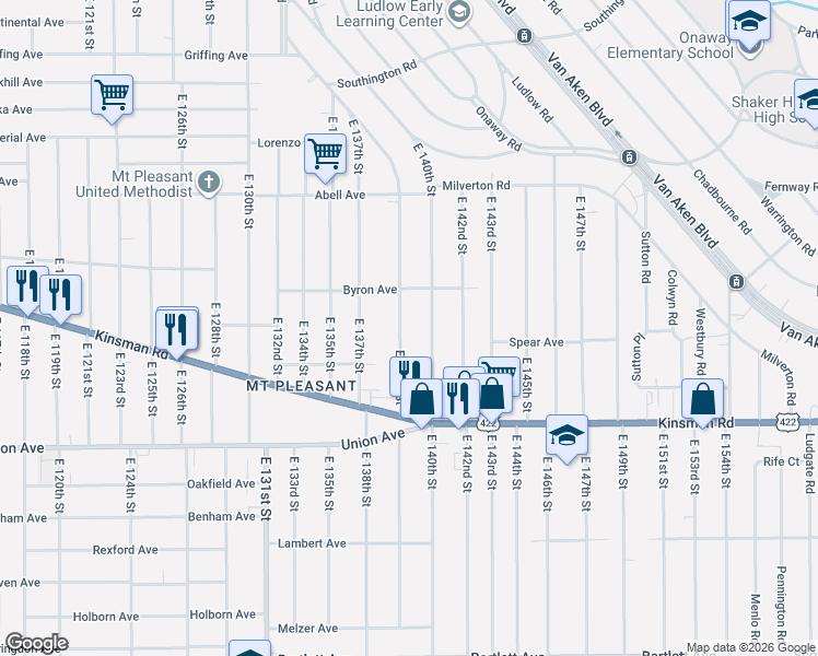 map of restaurants, bars, coffee shops, grocery stores, and more near 3390 East 140th Street in Cleveland