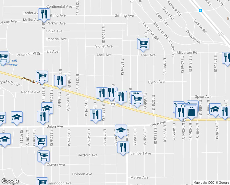 map of restaurants, bars, coffee shops, grocery stores, and more near 130 Tahoe Circle in Cleveland
