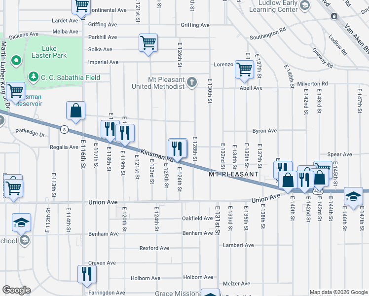 map of restaurants, bars, coffee shops, grocery stores, and more near 3361 East 126th Street in Cleveland