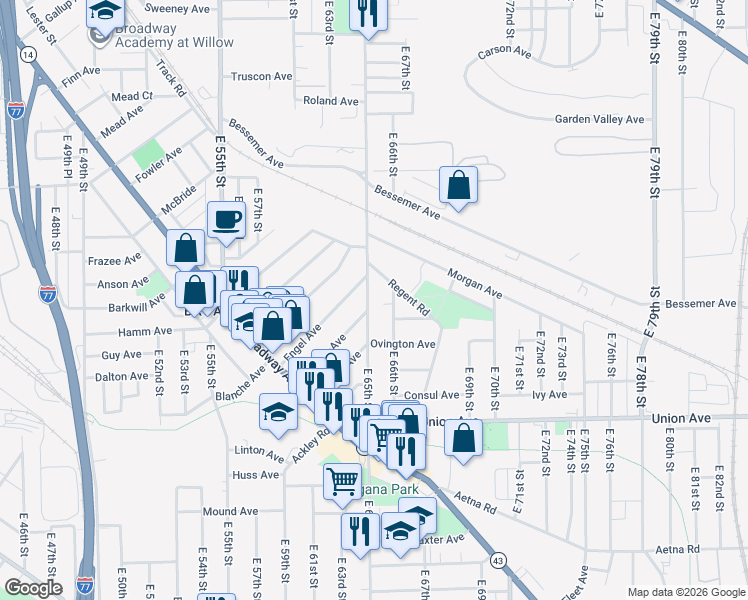 map of restaurants, bars, coffee shops, grocery stores, and more near 3343 East 65th Street in Cleveland
