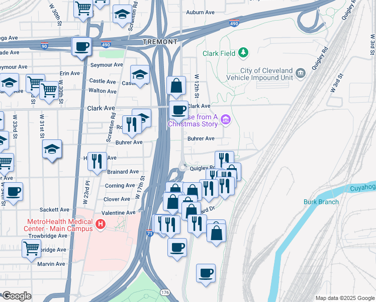 map of restaurants, bars, coffee shops, grocery stores, and more near 1288 Holmden Avenue in Cleveland
