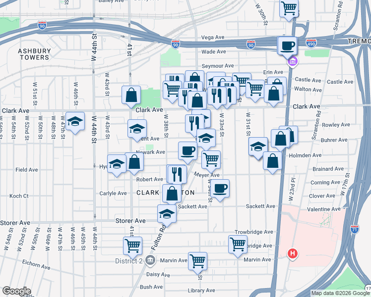 map of restaurants, bars, coffee shops, grocery stores, and more near 3515 Trent Avenue in Cleveland