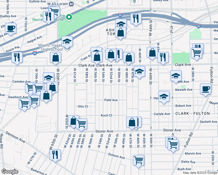 map of restaurants, bars, coffee shops, grocery stores, and more near 3173 West 54th Street in Cleveland
