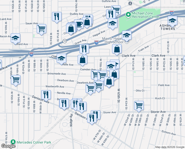 map of restaurants, bars, coffee shops, grocery stores, and more near 7115 Camden Avenue in Cleveland