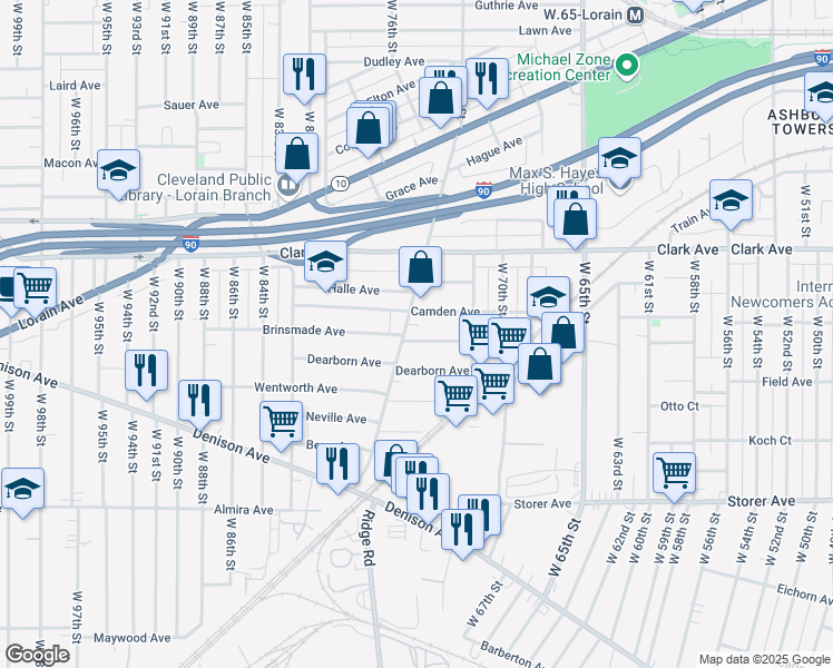 map of restaurants, bars, coffee shops, grocery stores, and more near 3171 West 73rd Street in Cleveland
