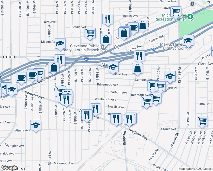 map of restaurants, bars, coffee shops, grocery stores, and more near 3177 West 82nd Street in Cleveland