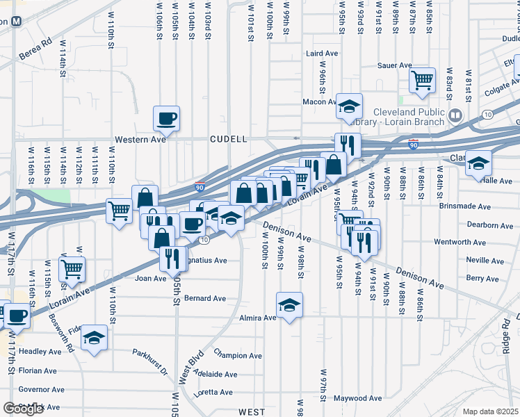 map of restaurants, bars, coffee shops, grocery stores, and more near in Cleveland
