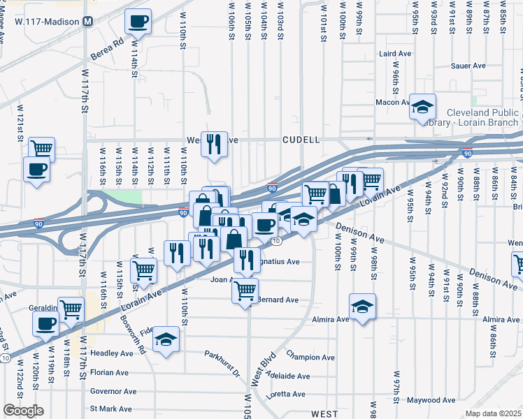 map of restaurants, bars, coffee shops, grocery stores, and more near 3131 West 104th Street in Cleveland