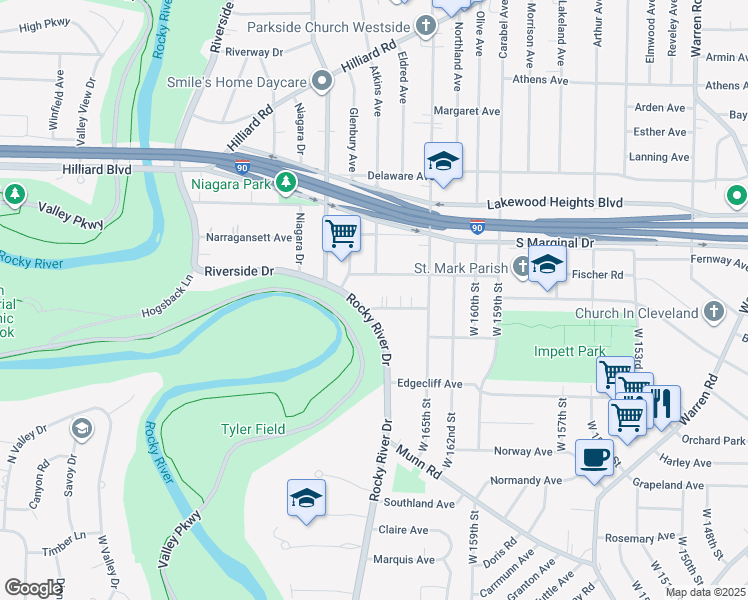 map of restaurants, bars, coffee shops, grocery stores, and more near 3143 Rocky River Drive in Cleveland