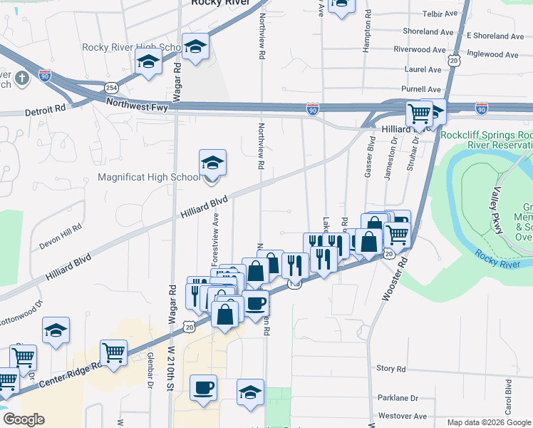map of restaurants, bars, coffee shops, grocery stores, and more near 2468 Northview Road in Rocky River