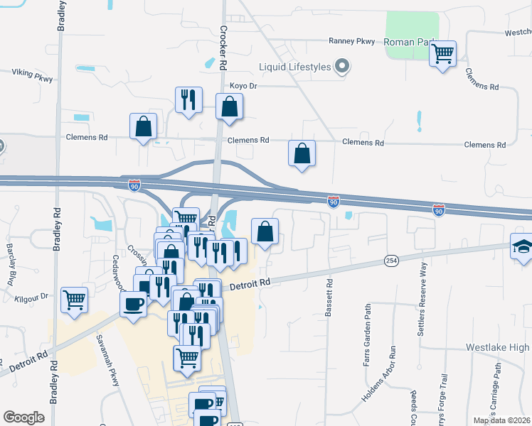 map of restaurants, bars, coffee shops, grocery stores, and more near Northwest Fwy in Westlake