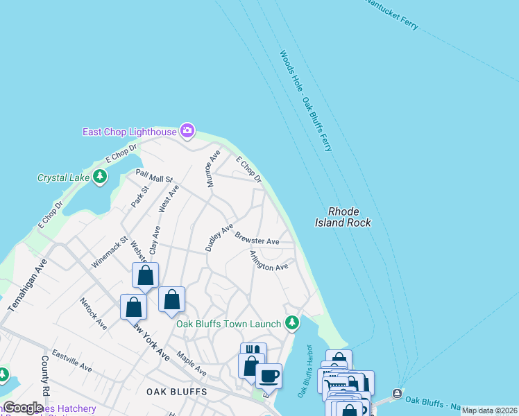 map of restaurants, bars, coffee shops, grocery stores, and more near 9 Weston Avenue in Oak Bluffs