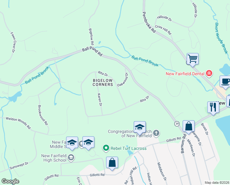 map of restaurants, bars, coffee shops, grocery stores, and more near 52 Rita Drive in New Fairfield