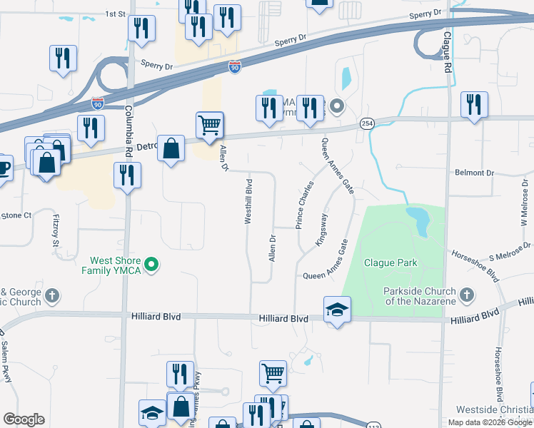 map of restaurants, bars, coffee shops, grocery stores, and more near 1659 Westhill Boulevard in Westlake