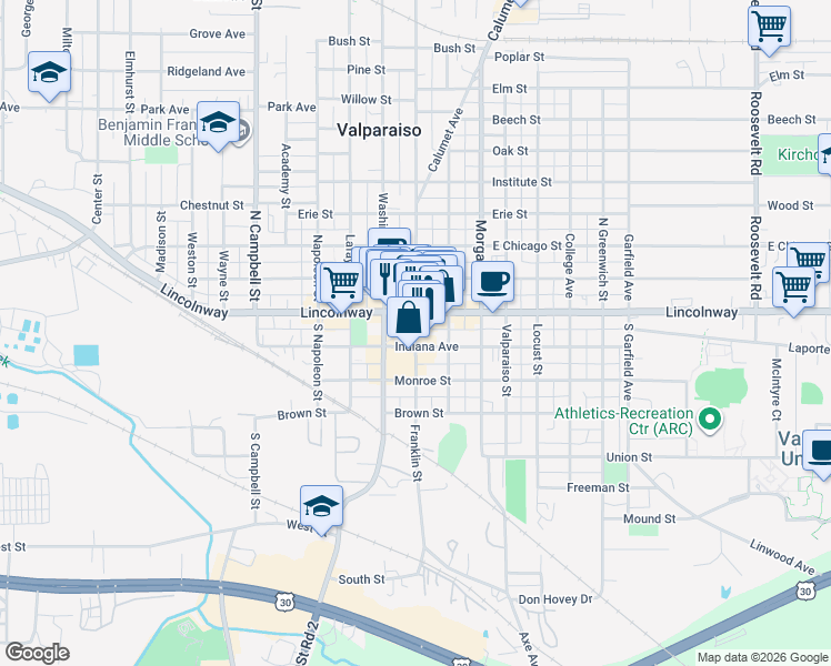 map of restaurants, bars, coffee shops, grocery stores, and more near 75 Franklin Street in Valparaiso