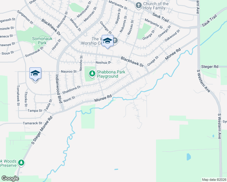 map of restaurants, bars, coffee shops, grocery stores, and more near 118 Monee Road in Park Forest