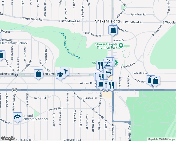 map of restaurants, bars, coffee shops, grocery stores, and more near 19801 Van Aken Boulevard in Shaker Heights