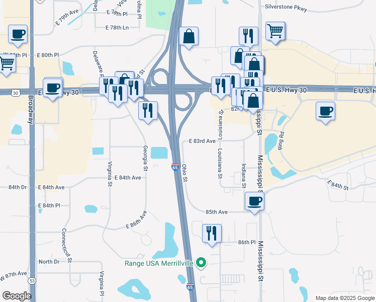 map of restaurants, bars, coffee shops, grocery stores, and more near 1355 83rd Avenue in Merrillville