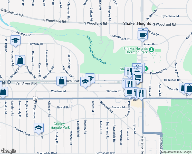 map of restaurants, bars, coffee shops, grocery stores, and more near 19201 Van Aken Boulevard in Shaker Heights