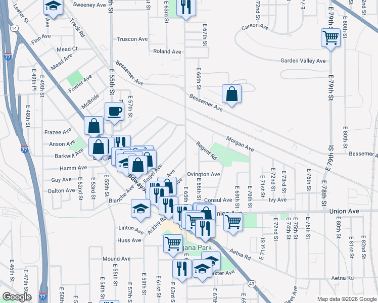 map of restaurants, bars, coffee shops, grocery stores, and more near 3343 East 65th Street in Cleveland