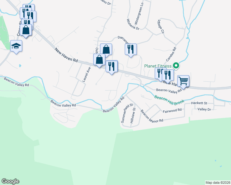 map of restaurants, bars, coffee shops, grocery stores, and more near 636 Beacon Valley Road in Naugatuck