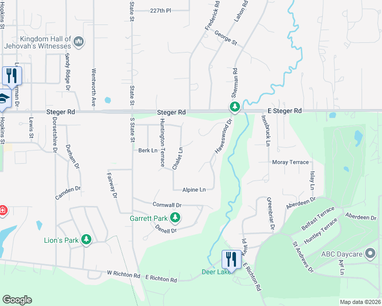 map of restaurants, bars, coffee shops, grocery stores, and more near 188 Chalet Court in Crete