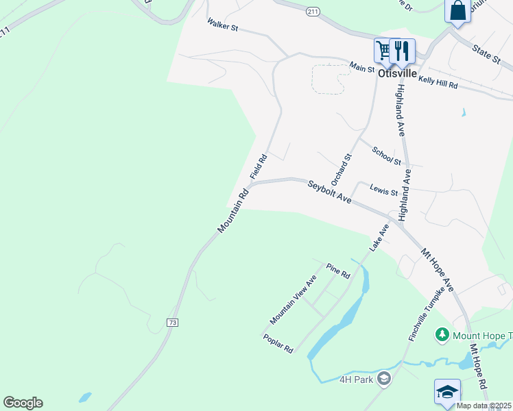 map of restaurants, bars, coffee shops, grocery stores, and more near 2340 Mountain Road in Otisville