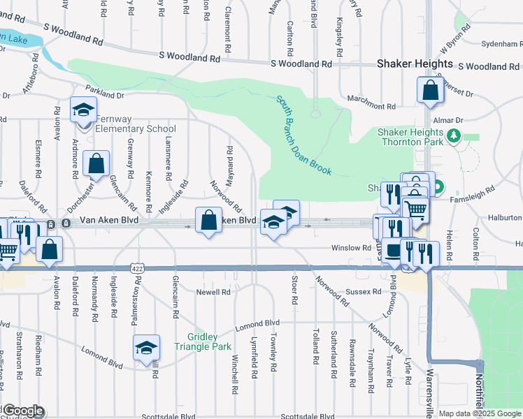 map of restaurants, bars, coffee shops, grocery stores, and more near 18675 Parkland Drive in Shaker Heights