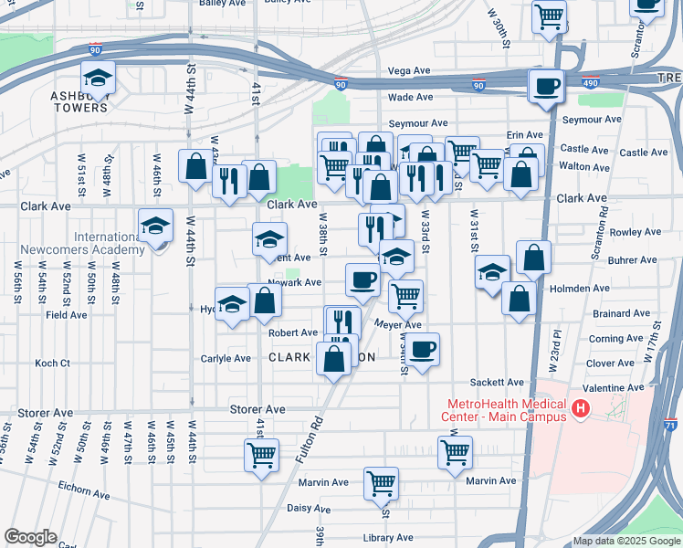 map of restaurants, bars, coffee shops, grocery stores, and more near 3615 Trent Avenue in Cleveland