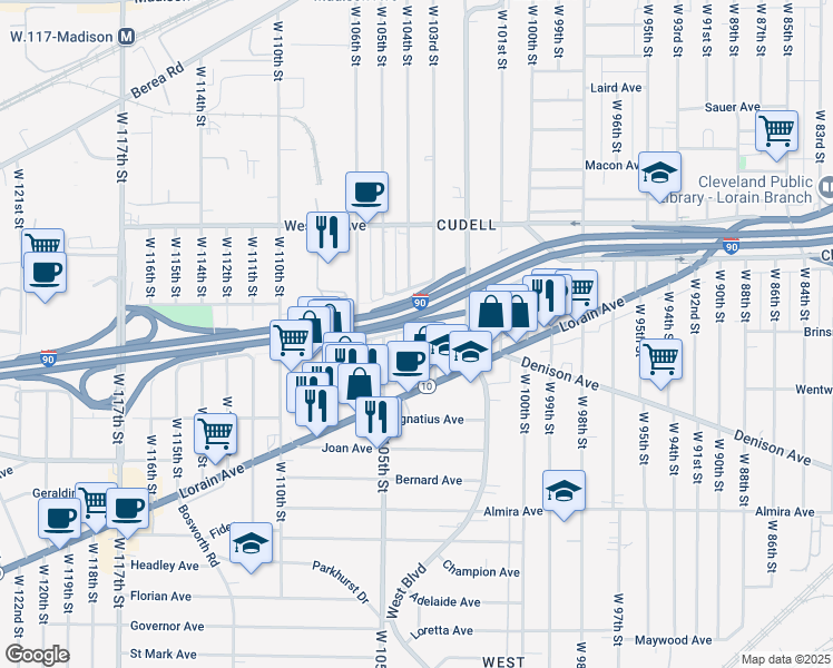 map of restaurants, bars, coffee shops, grocery stores, and more near 3131 West 104th Street in Cleveland
