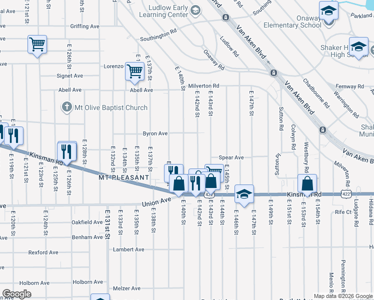 map of restaurants, bars, coffee shops, grocery stores, and more near 3390 East 140th Street in Cleveland