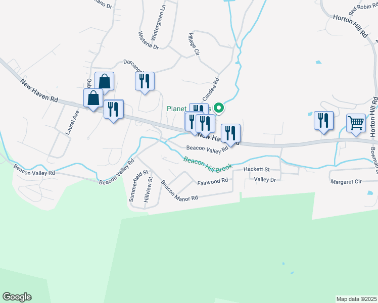 map of restaurants, bars, coffee shops, grocery stores, and more near 791 Beacon Valley Road in Naugatuck