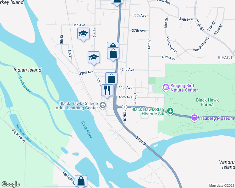 map of restaurants, bars, coffee shops, grocery stores, and more near 4423 11th Street in Rock Island