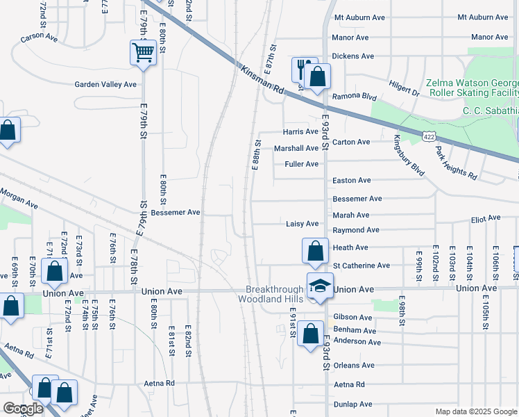 map of restaurants, bars, coffee shops, grocery stores, and more near 8810 Bessemer Avenue in Cleveland